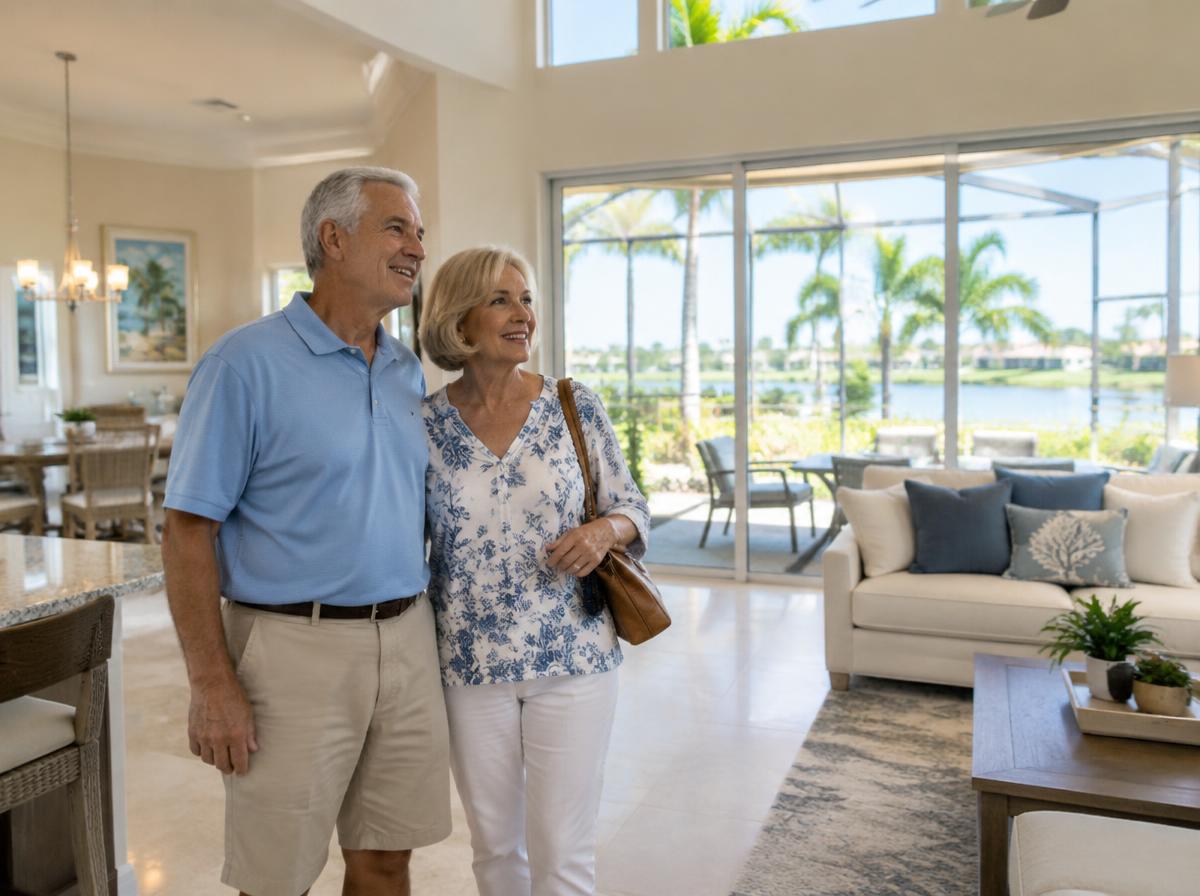 Retired couple touring a bright Florida home with a lanai and palm trees